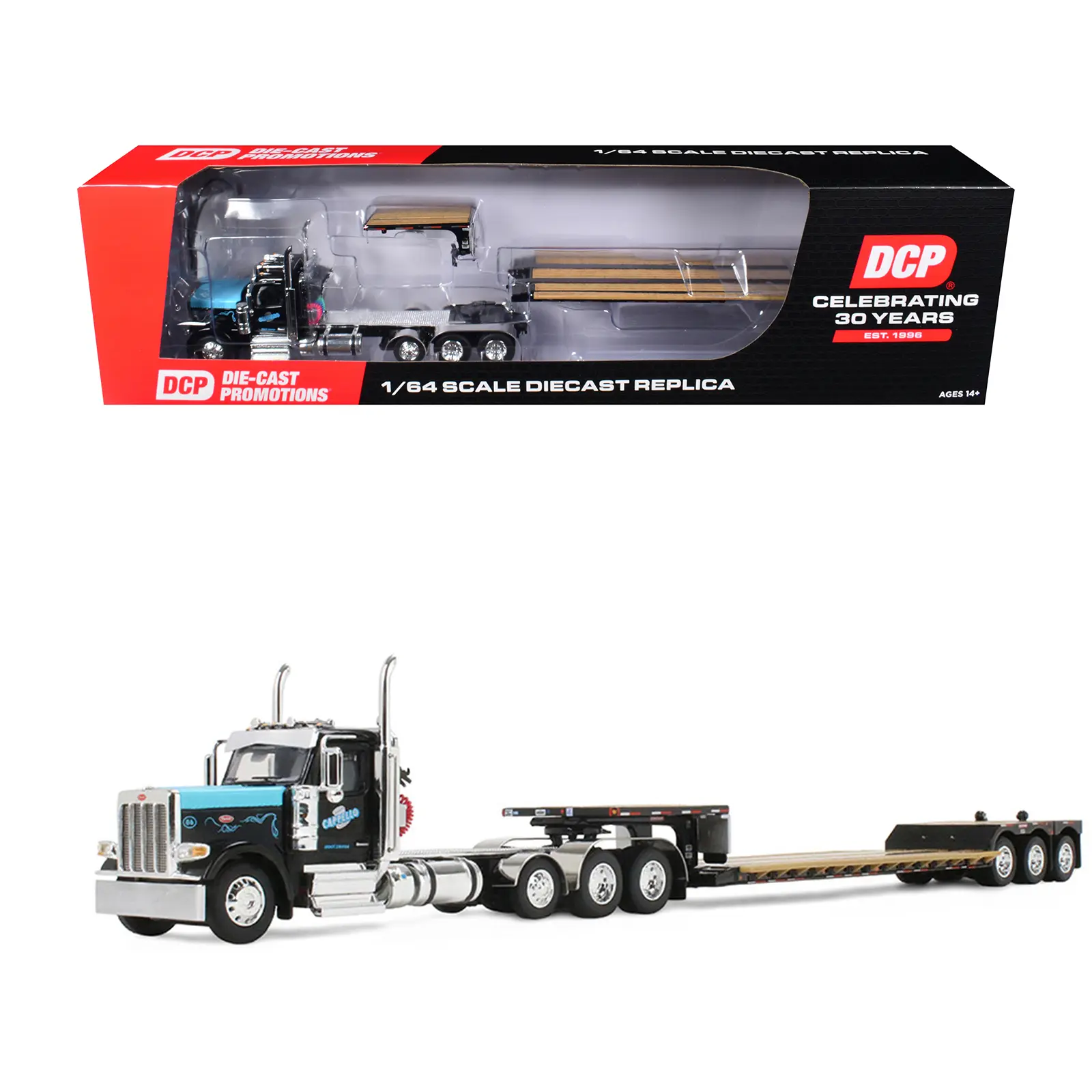 Peterbilt 589 Day Cab and Fontaine Renegade LXT40 Trailer w/Fliptail Black w/Light Blue Hood 1/64 Diecast Model DCP/First Gear