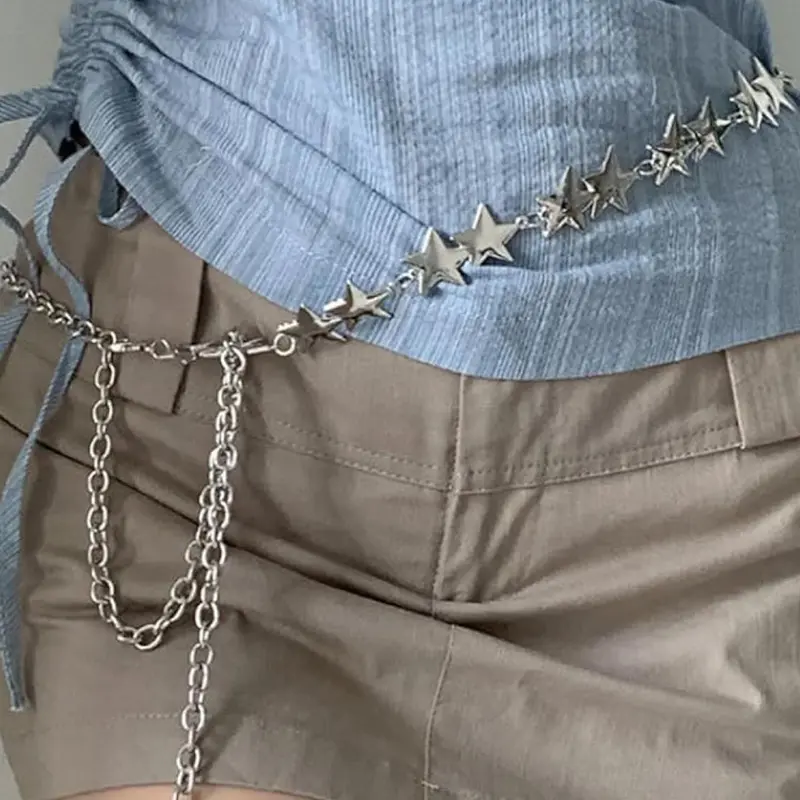 Silver Star Chain Belt Western Metal Belt Alt Belt for Women Street Style Casual Belt Decorative Belt Punk Chain Belts for Dresses Jeans Waist Chain Belt Y2k Emo Body Jewelry Star Decorated Belt