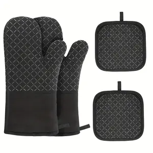 1 Set/4pcs Heavy-Duty Oven Mitts and Pot Holder Set - Non-Slip, Heat-Resistant, Durable Polyester & Silicone, with Diamond Pattern, Perfect for Cooking, and Outdoor Use, Camping, Baking, Kitchen Essentials | Diamond Pattern Mitts | Heatresistant Materia