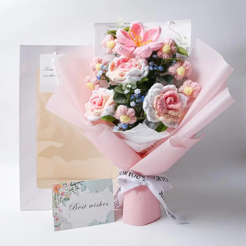 Crochet Flower Bouquet with Greeting Card & Gift Bag
