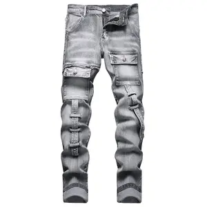 XIMXIMMTIAN Men Jeans Designer Casual Street Tear Fashion Straight Slim Fit Moto Stretch Water Washed Retro  Motorcycle Red Biker Denim Pants