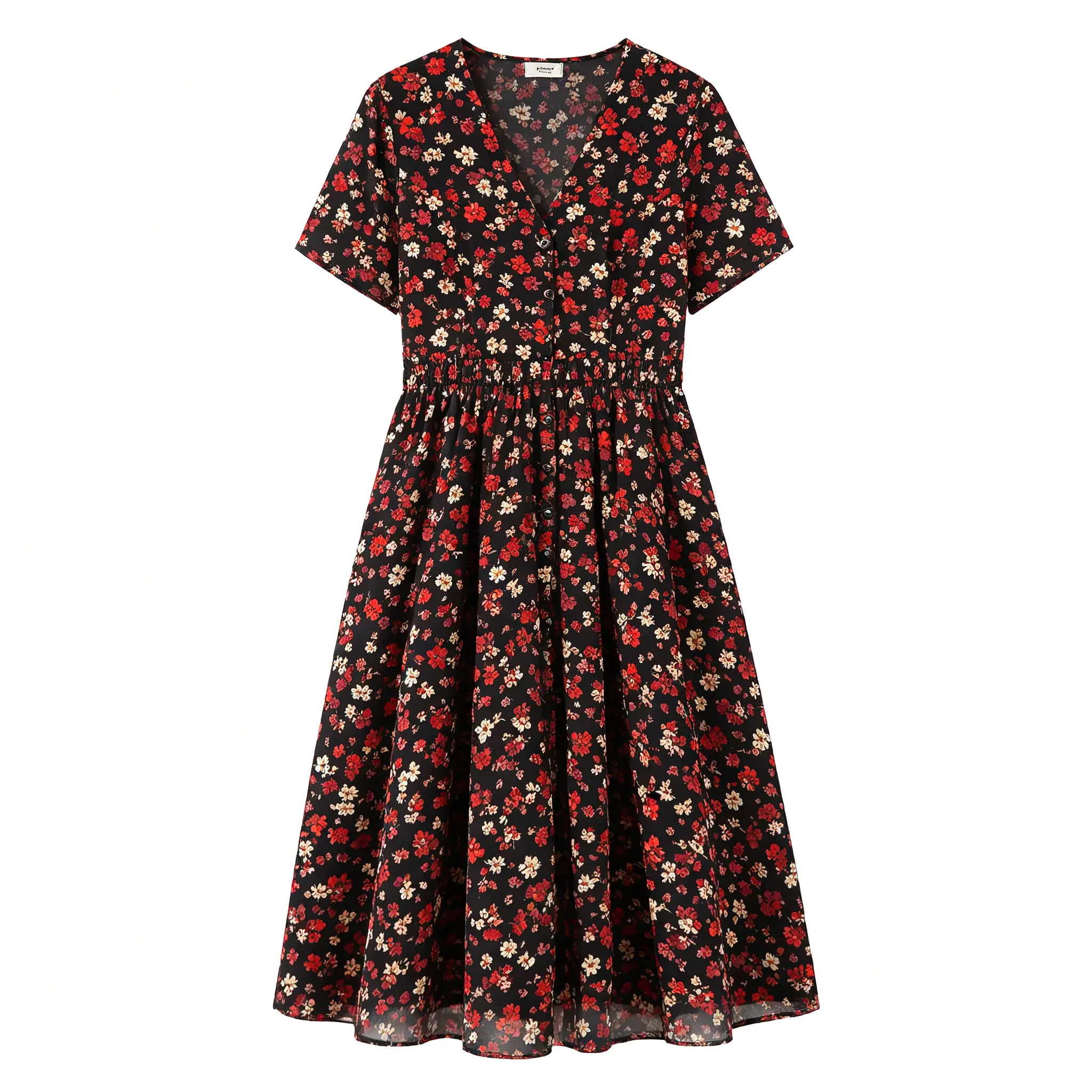 Women's Casual Black Red Floral Tea Dress