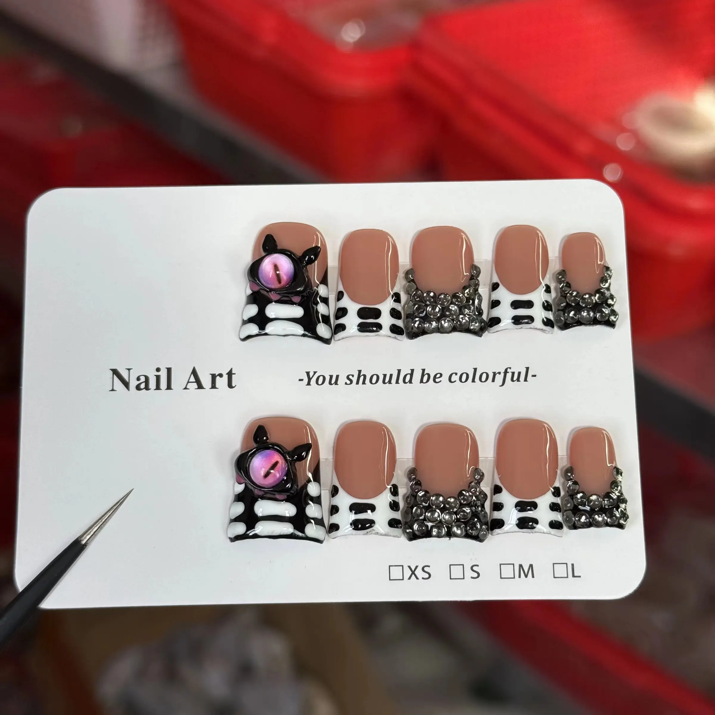 10pcs high-end Sweet and cool style, hand-painted zebra print, paired with devil's eyes, and sparkling diamond pile handmade, Handmade Press On Reusable Nails Glittering Fake Nails Nail Art Design