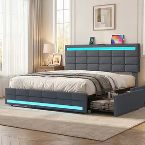 ADORNEVE Queen Size Bed Frame - Upholstered Headboard with Charging Station, LED Lights, 4 Storage Drawers, Metal-Wood Platform, No Box Spring Needed, Easy Assembly