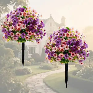 2pcs Artificial Pink and Purple Violet Flower Stakes with Ground Spikes and Base, Artificial Flower Set, Suitable for Porch, Balcony, Yard, Holiday Home Decor, Porch Decor, Indoor and Outdoor Decor for Home, Garden