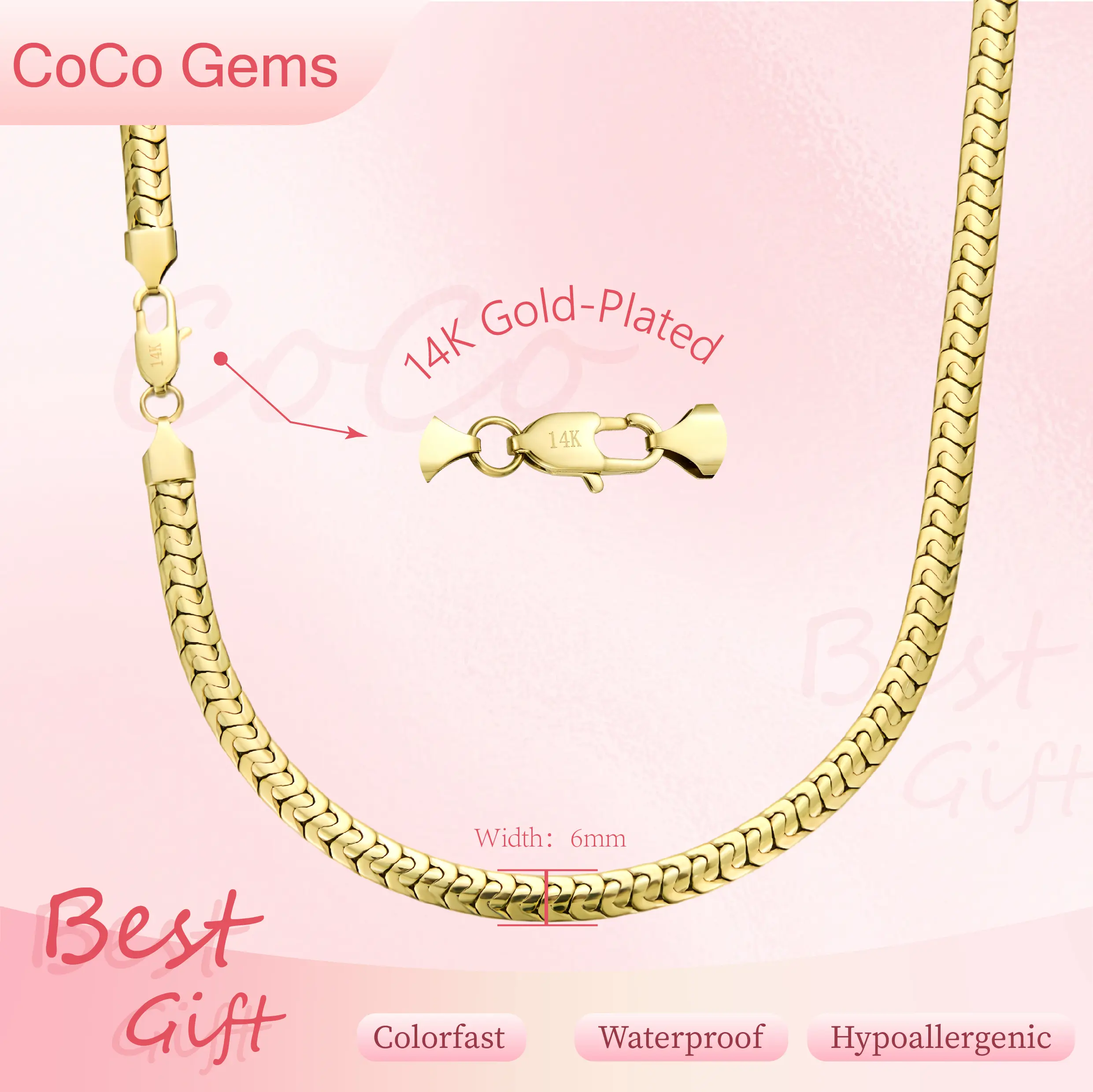 Holylegend 14K Gold Plated Snake Chain Necklace for Men 6mm Flat Smooth Finish Minimal Classic Style Durable Everyday Wear Hypoallergenic Gift for Him Gift Ready Jewelry