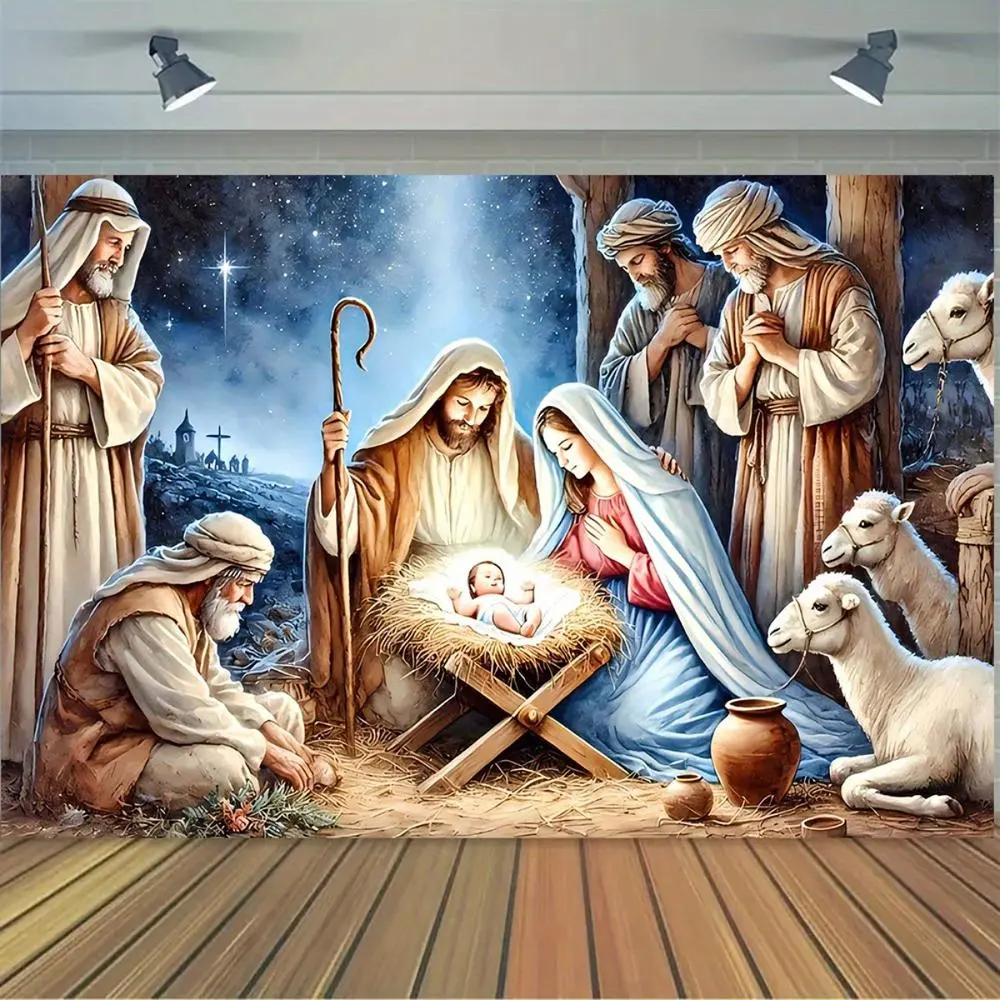 1pc Large 2D Flat Nativity Scene Banner - Durable Polyester Christmas Backdrop with Mary, Joseph, Baby Jesus, Shepherds, Animals for Indoor/Outdoor Church Decor
