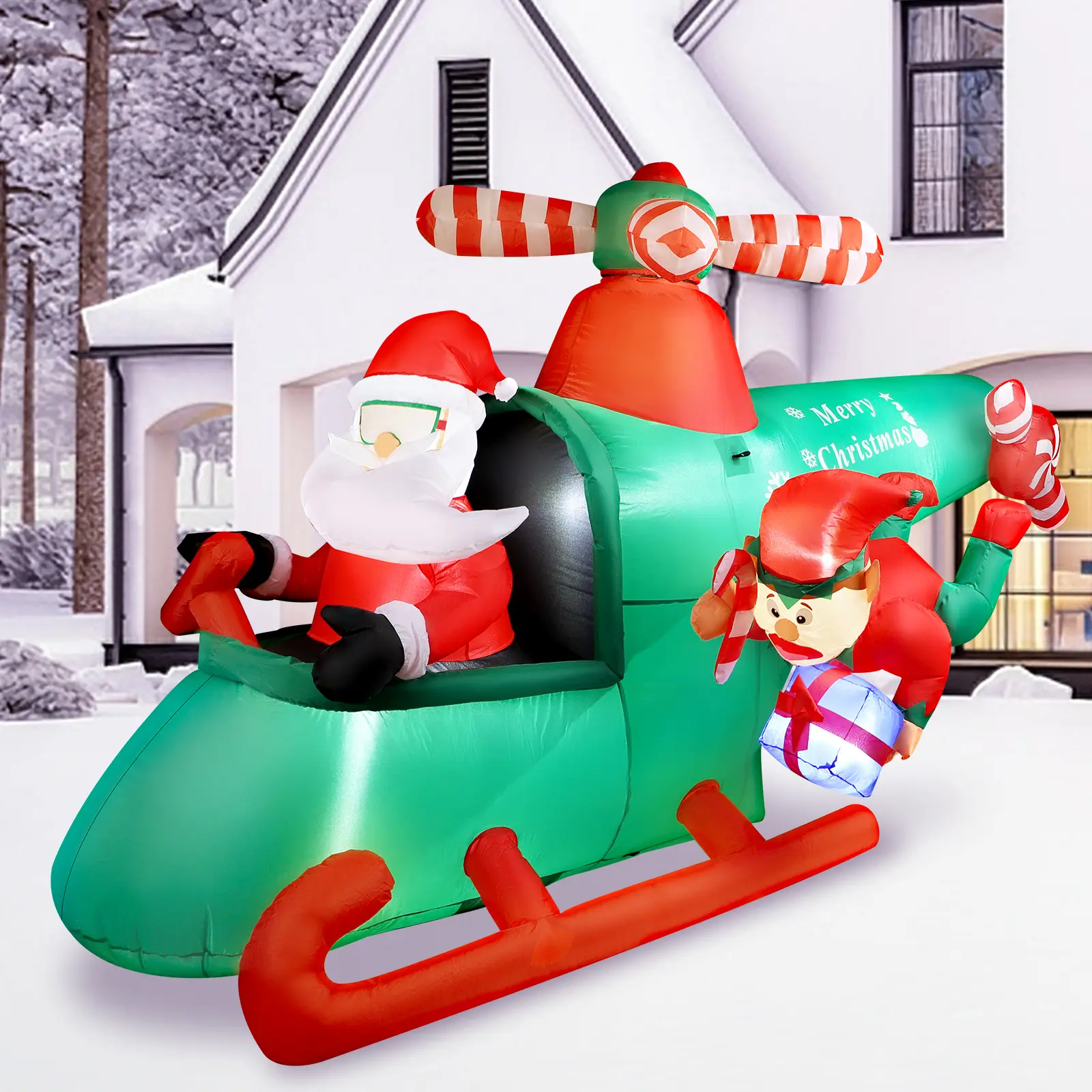 Inflatable Christmas Helicopter with Santa & Elf, Built-in LED Lights, Waterproof Outdoor Yard Holiday Inflatable Decor