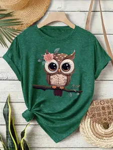 Cute Owl Print Vintage Style Women's Summer Casual Sports Top, Round Neck Short Sleeve T-Shirt, Tee, Fitted, Comfortable Breathable Fit S-Xxl