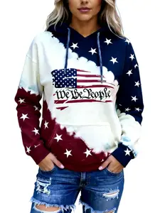 Women Fashion Pullover Hoodies -American Flag Print Drawstring Hoodie, Casual Long Sleeve Kangaro0o Pocket Sweatshirt, Women's Clothing