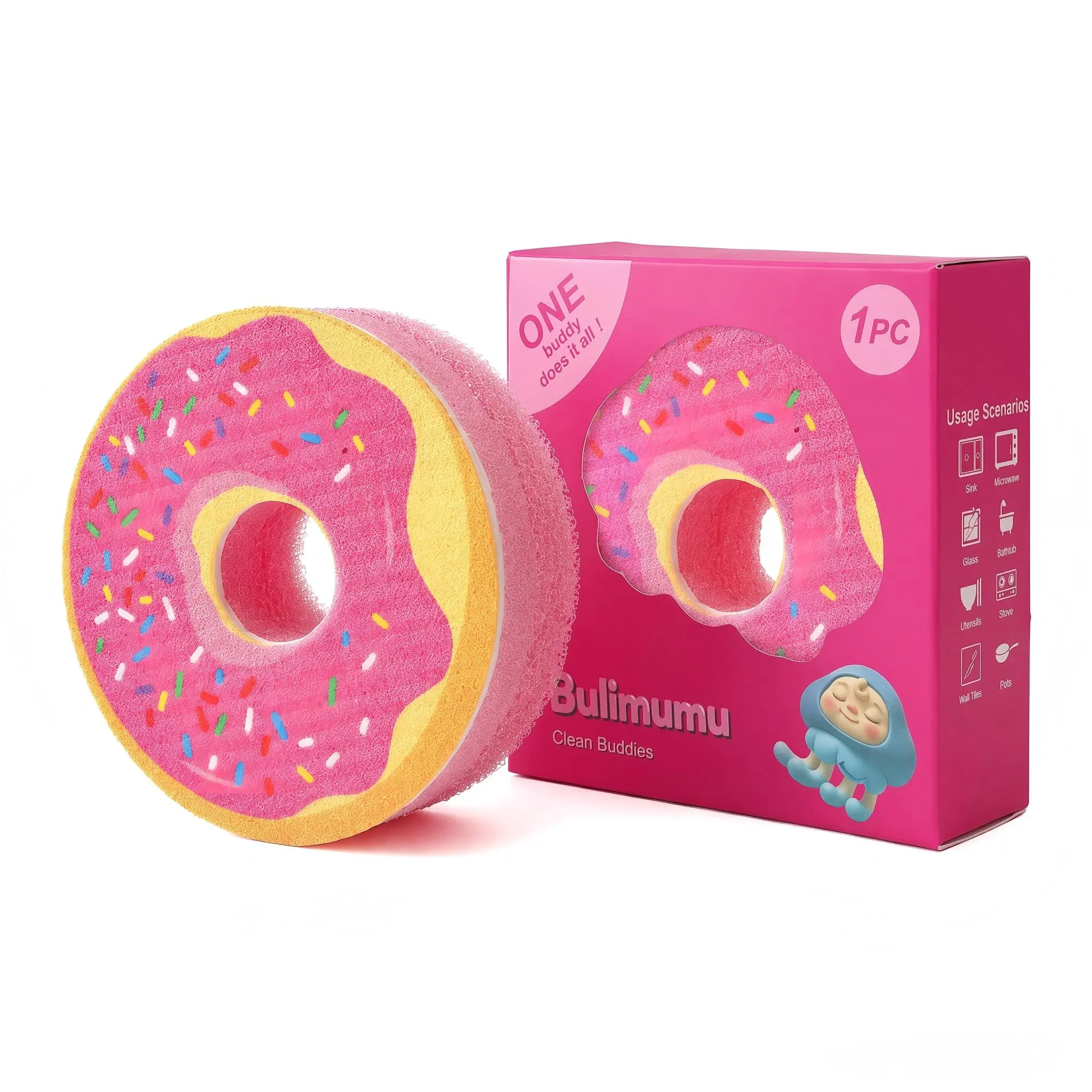 Bulimumu Durable 3-Layer Heavy Duty Dish Scrubbing Sponge - Pink Donut Multi-Material Magic Scrubber for Eco Kitchen, Non-Stick Cookware, Countertops (1-Pack Boxed, 3 Styles to Choose)