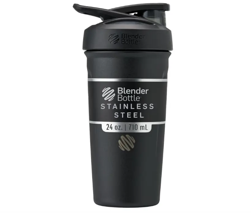 BlenderBottle Strada Shaker Cup Insulated Stainless Steel Water Bottle with Wire Whisk, 24-Ounce, Black