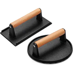 Burger Press, Smash Burger Press for  Griddle, Heavy Duty Cast Iron Round 6.9In & Rectangular 8.2x4.2In Bacon Grill Press with  Handle, Meat Steak Weight for Sandwich, Paninis