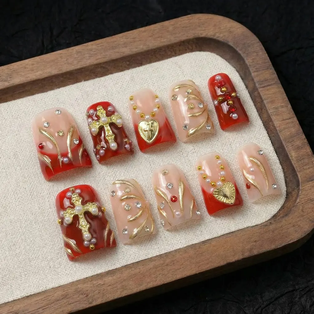 DuckBill Couture Drop Collection Handmade Acrylic Press On Nails - 10PCS Reusable Salon Grade Relief Sculpture 3D Flower Rhinestone Luxury Manicure #CoutureNails #DropCollection #HandmadePressOnNails #3DFlowerNails #RhinestoneNails #SalonQualityNails