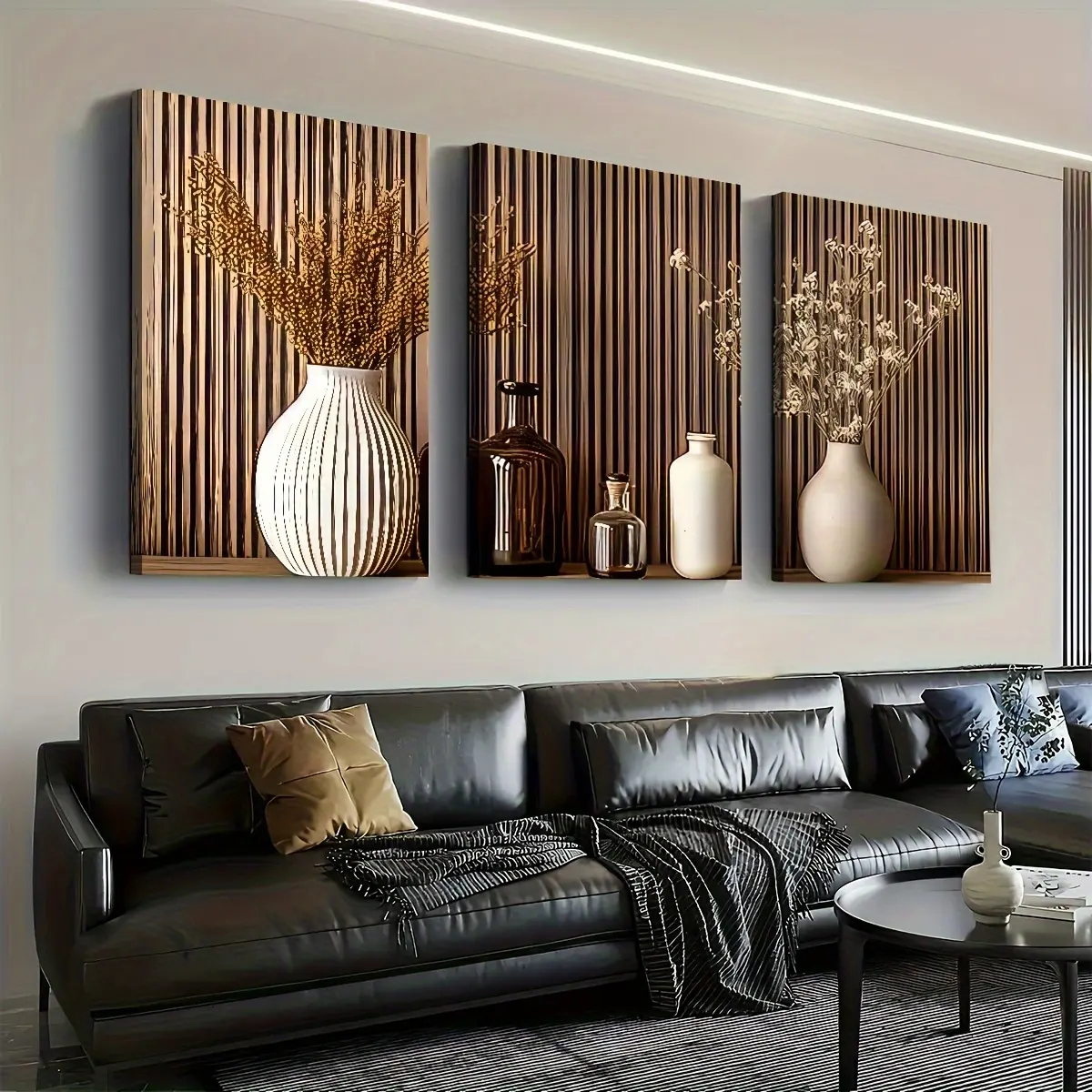 3pcs framed modern wooden style simple potted landscape art, framed canvas paintings and posters, wall art, room decoration, holiday gifts, living room, bedroom, dining room, office decoration, can be hung - Wall Frames, picture Frame Hanging Wall Art