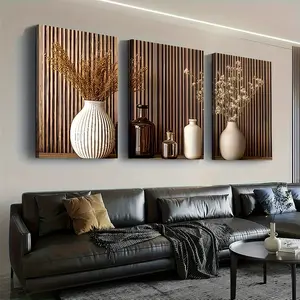 3pcs framed modern wooden style simple potted landscape art, framed canvas paintings and posters, wall art, room decoration, holiday gifts, living room, bedroom, dining room, office decoration, can be hung - Wall Frames, picture Frame