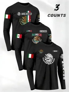 Men's Mexican Emblem Pattern Sportswear Set, Elastic Breathable Short Sleeves, Daily Commute Base Layer, Fitness Activewear