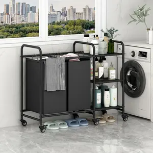 3 Bag Laundry Basket Sorter Cart with Storage Shelf Household Metal Organiser Large Waterproof section laundry dirty clothes clothes rack