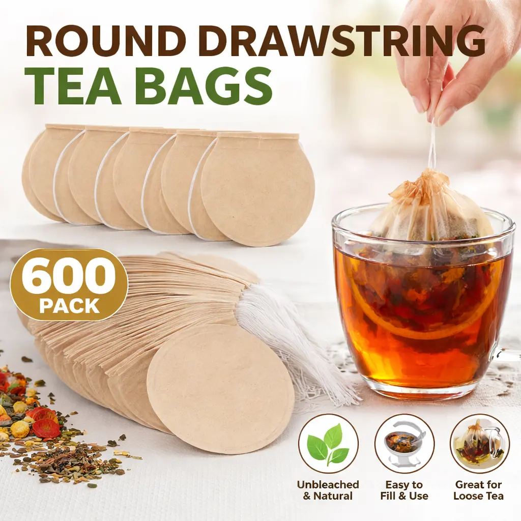 600pcs Disposable Unbleached Wood Pulp Charcoal Filter Round Drawstring Tea Bags - 2.95x2.67in Drawstring Seal, Non-Toxic, Travel Ready Kitchen Tea-Making Tools for Lavender, Wood Herbs, Coffee Single Serve