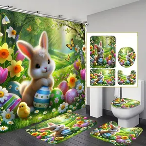 1/4pc Easter Bunny Egg Series Shower Curtain Set, includes non-slip mat, U-shaped rug, and toilet seat cover. Perfect for bathroom decoration, partitioning, and beautifying the space. Comes with 12 shower curtain hooks.