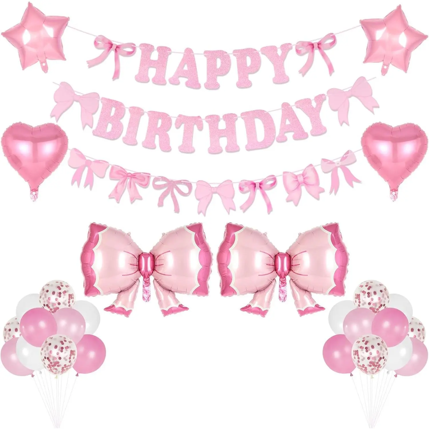 Pink Bow Birthday Party Decorations, Bows Happy Birthday Banner with Latex Balloons, Pink Bow Garland Balloon for Women Girl Birthdays Supplies