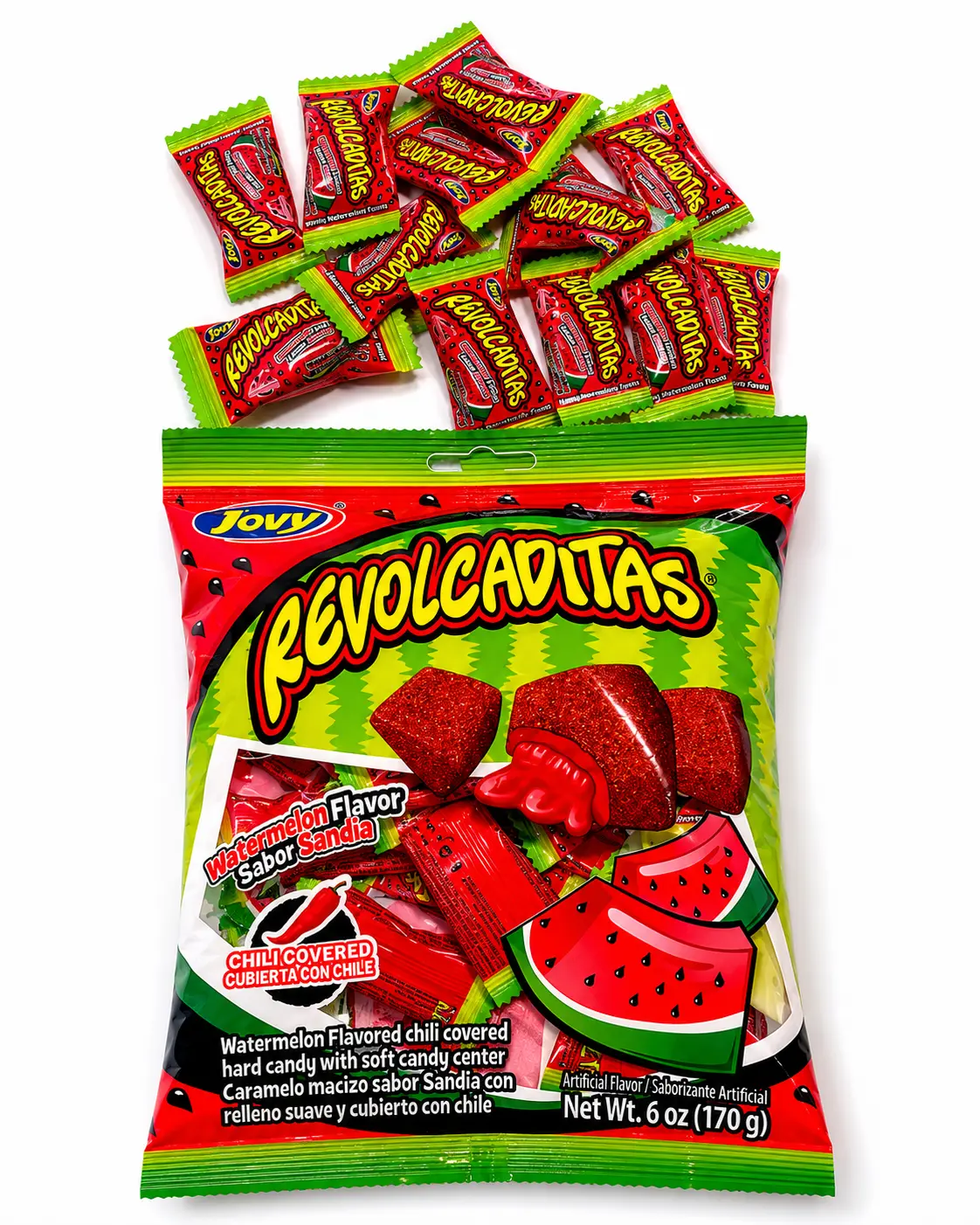 Revolcaditas 6oz - Watermelon Flavored Hard Candy Covered in Chili Powder - Sweet and Spicy Candy from Mexico