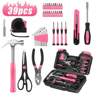 39pcs Pink Tool Kit for Women Screwdriver Utility Knife Scissors Tape Measure Hammer Internal Hex Wrench Pliers Home Garage Garden Office College Dormitory