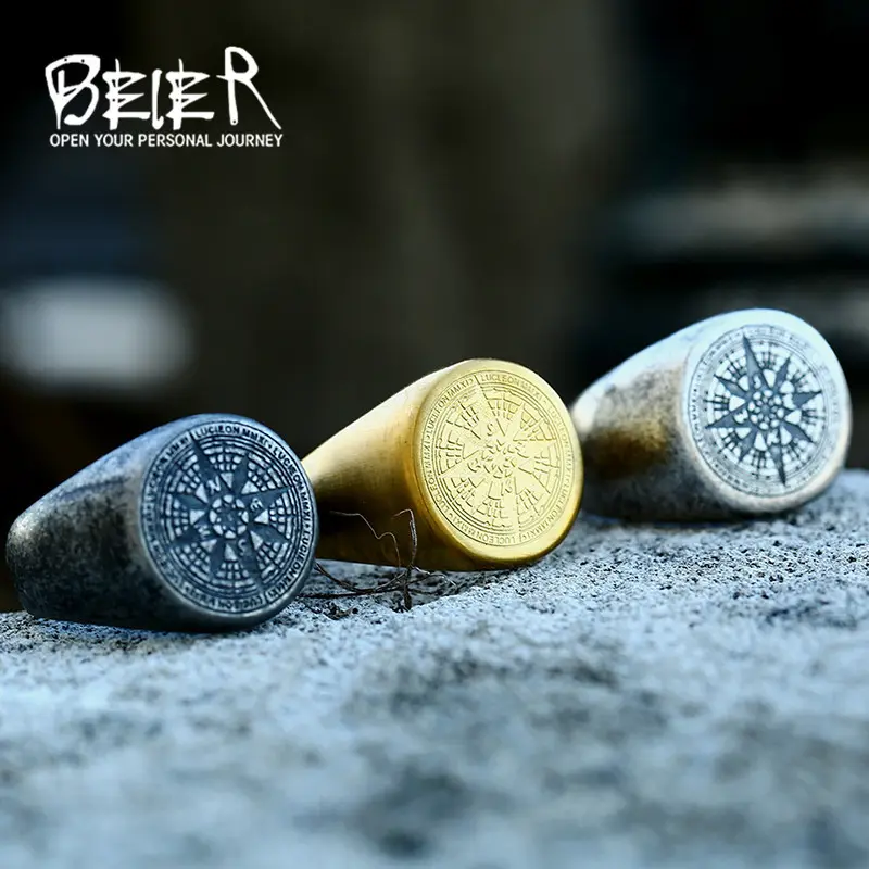 Beier European-American Style Stainless Steel Compass Ring - 17.6g, Graphic Design, Factory Crafted by Special Team, Quality Assurance, Affordable Genuine Men's Everyday Costume Jewelry with Delivery Guarantee