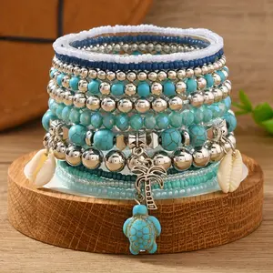 12Pcs Beach Vacation Additions Including Sea Turtles, Shells, And Coconut Trees, Suitable for Both Men And Women, Featuring And Bead Bracelets
