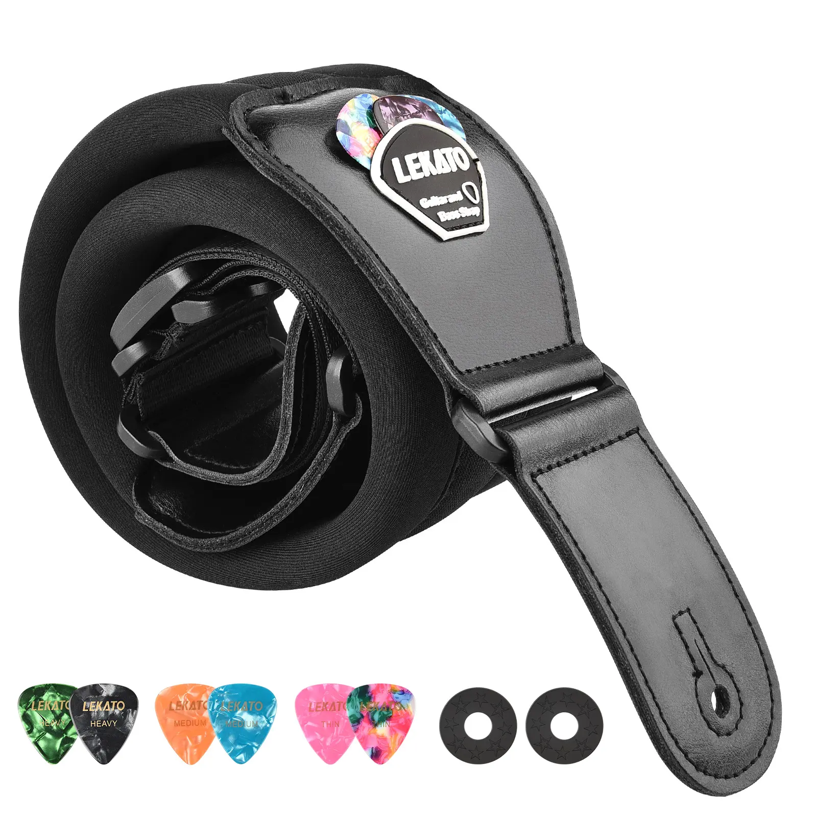 LEKATO LGS-2 Bass Guitar Straps for Electric Guitar & Bass 3" Wide Bass Strap Padded Guitar Straps Adjustable Length from 45" to 55" Bass Guitar Strap with Pick Holder 2 Safety Strap Locks & 6 Picks