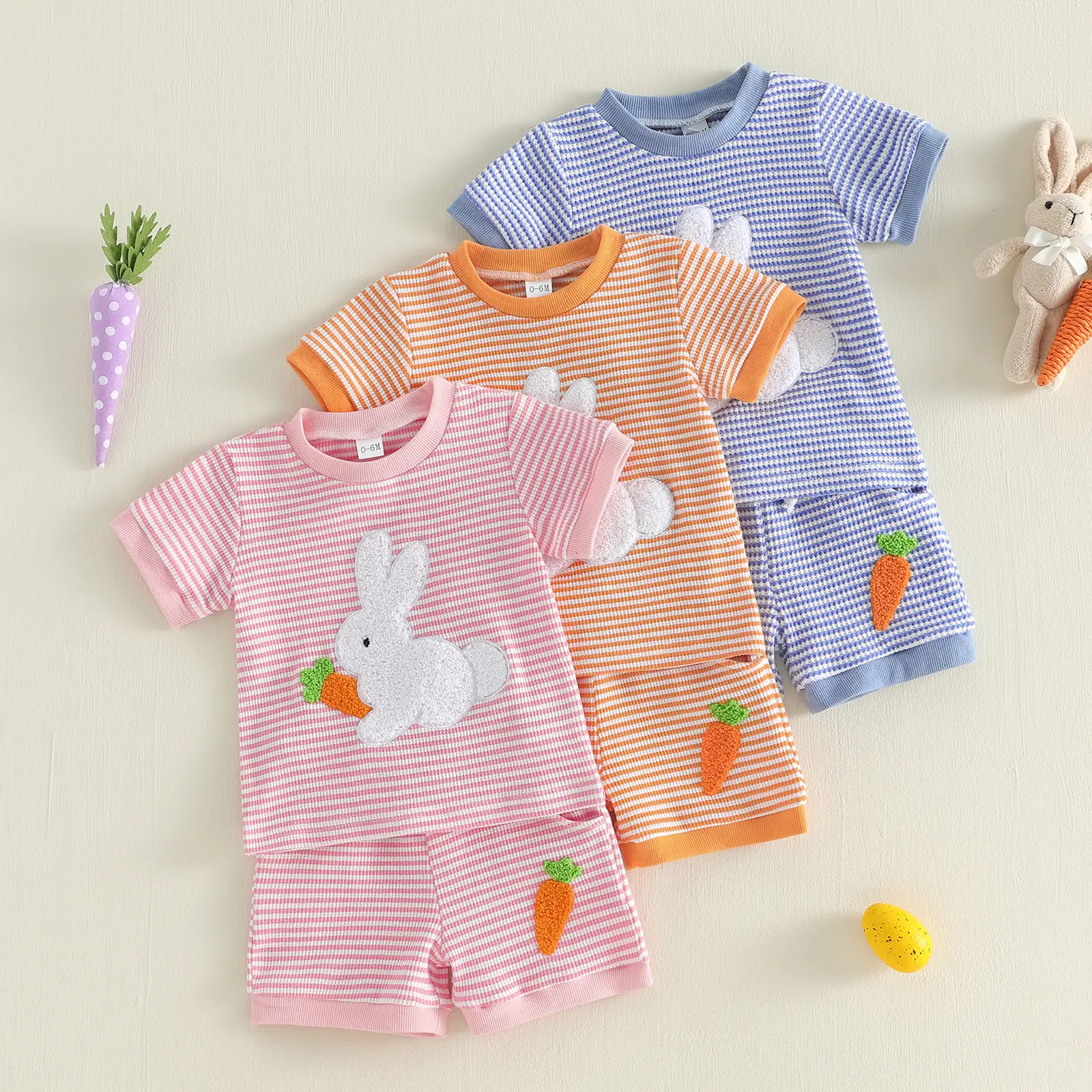Toddler Baby Boy Girls Easter Outfits Short Sleeve Bunny Carrot Embroidery Tops and Elastic Waist Striped Shorts 0-3 Years