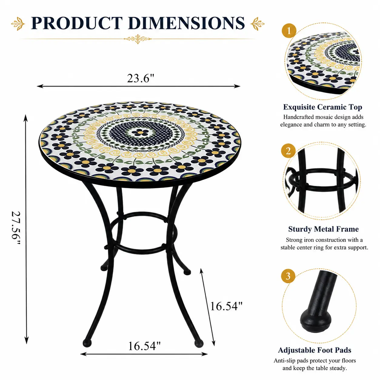 Round Floral Ceramic Tile Mosaic Outdoor Side Table - Rustproof Black Metal Frame, Weather-Resistant Patio Bistro Table for Garden Small Spaces