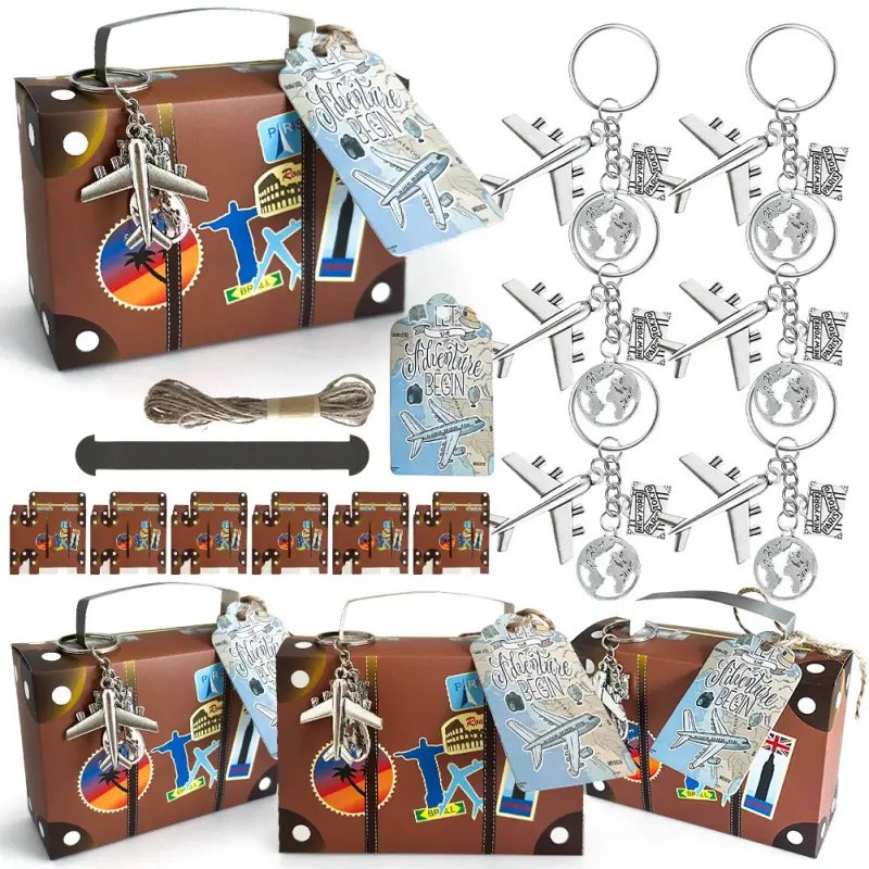 Vintage Suitcase Party Favor Box, Vintage Suitcase Candy Boxes, Goodies Set, with Airplane Keychains Party Favors, Kraft Tags and Burlap Twine for Travel Themed Party, Bridal Shower, Wedding Decorations, Party Gifts