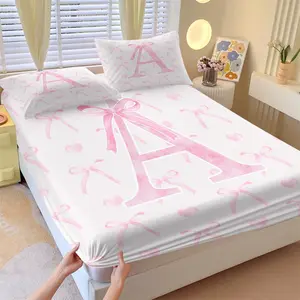 Exclusive Customization with Initials Print Fitted Sheet Set with 2 Pillowcases No Core, Pink Bowknot & Letter A-Z Design, Non-Slip Deep Pocket Mattress Protector, Durable Comfortable, Home Decor Gift