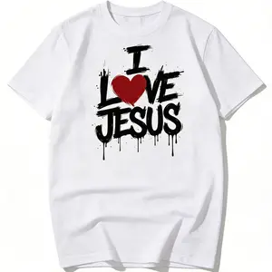 I LOVE JESUS 100% Cotton Christian T-Shirt – Graffiti Style Red Heart Faith-Based Apparel, Trendy Religious Top & Perfect Gift for Christians on Easter, Christmas, Worship Events