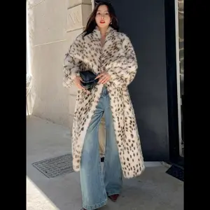 Women's Leopard Print Faux Fur Coat, Casual Long Sleeve Waterfall Collar Fuzzy Coat for Fall & Winter, Women's Clothing for Daily Wear