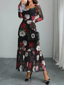 Women's Spring Summer Mesh Fabric Print Long Sleeve Casual Elegant Dress, Lightweight Breathable Design, Perfect for Daily Wear & Special Occasions
