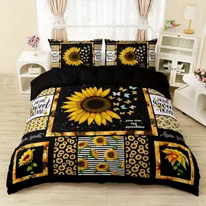3pcs Sunflower Print Quilt Set, Duvet Cover, Soft Polyester Fabric, Zipper Design, Modern Style, Modern Look Bedding Essentials, Must-Have Home Decor