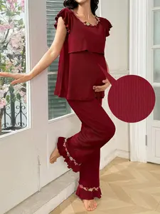 Women's Casual Elegant Maternity Set, Short Sleeve Long Pants Two-Piece, Comfortable Home Wear for All Seasons
