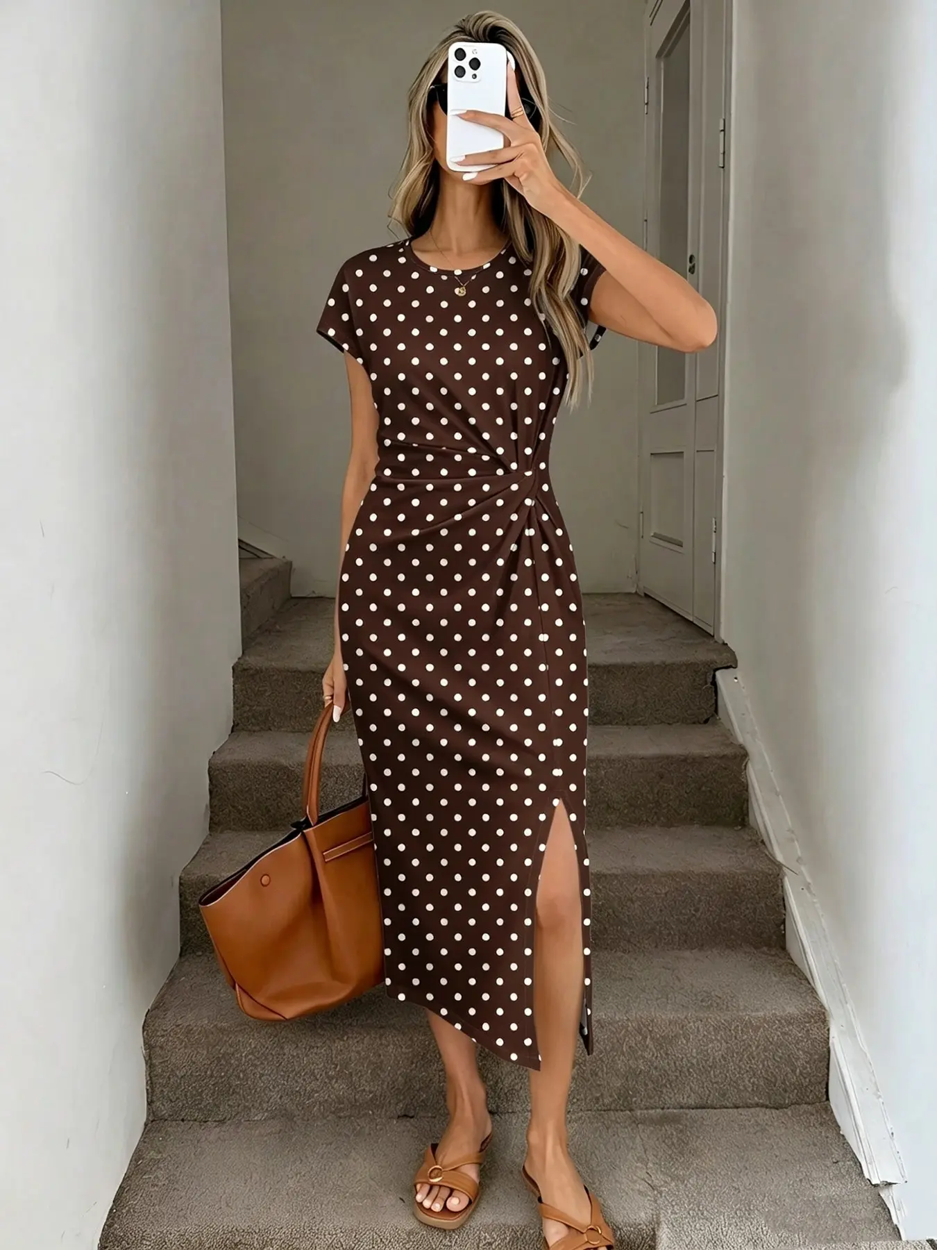 Women's Summer Casual Elegant French Romantic Commute Retro Polka Dot Side Slit Waist Tie Womenswear Mid-Length Dress