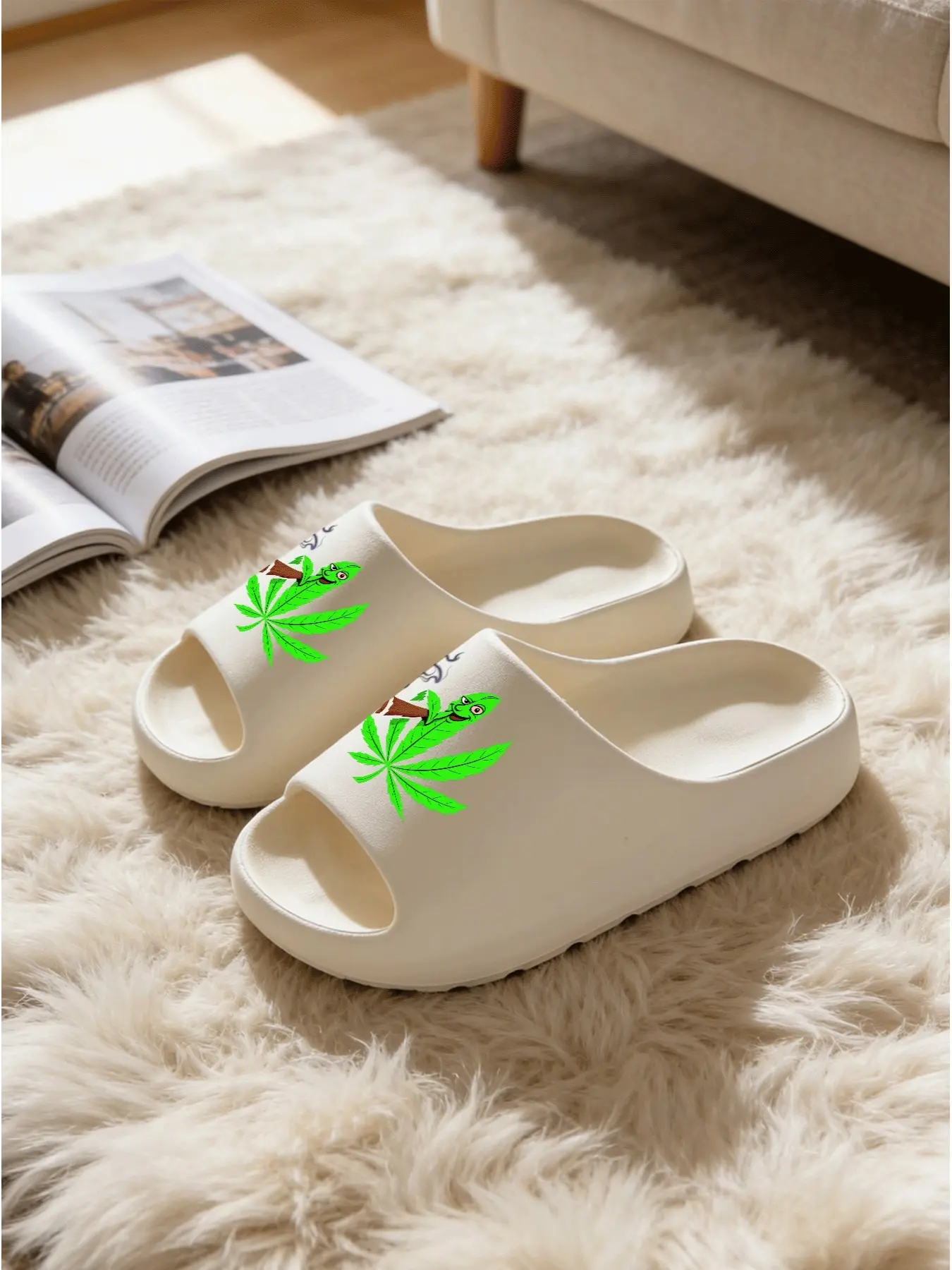 Funny Leaf Cartoon Print Sandals, Cool Street Style, Medium Width, Eva Material, All Seasons, Casual Home Slippers