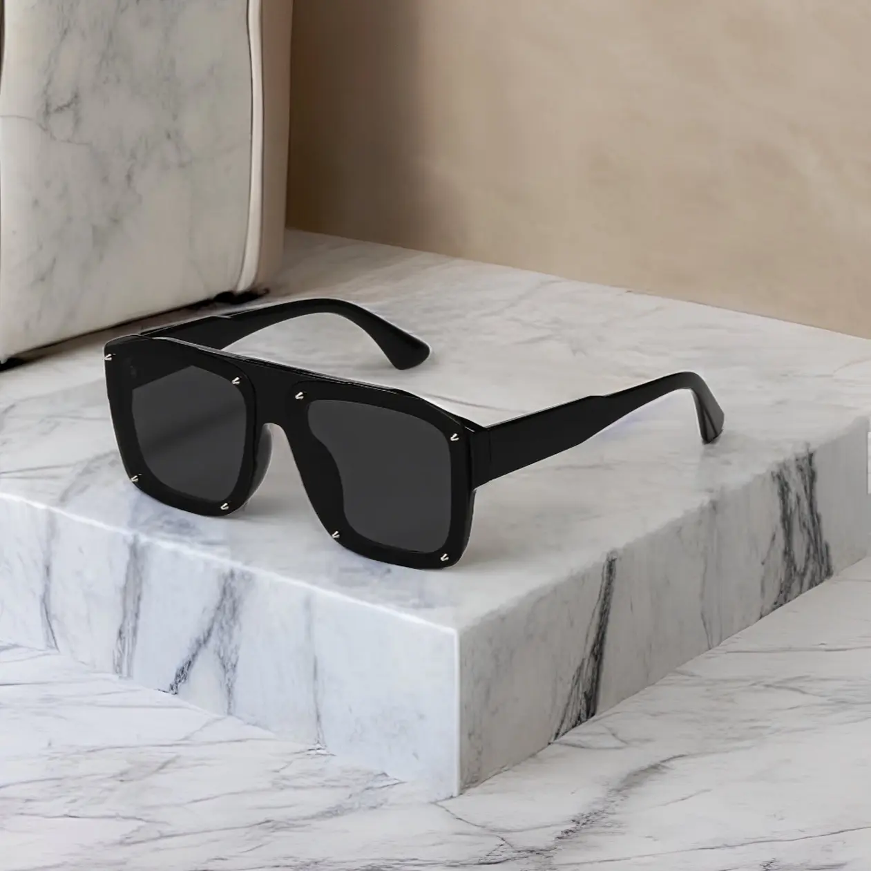 Fashion Designer Square Sunglasses, Unisex Statement Frames in Fine Grade Acetate with Rivets, Stylish and Lightweight with UV400 Lenses