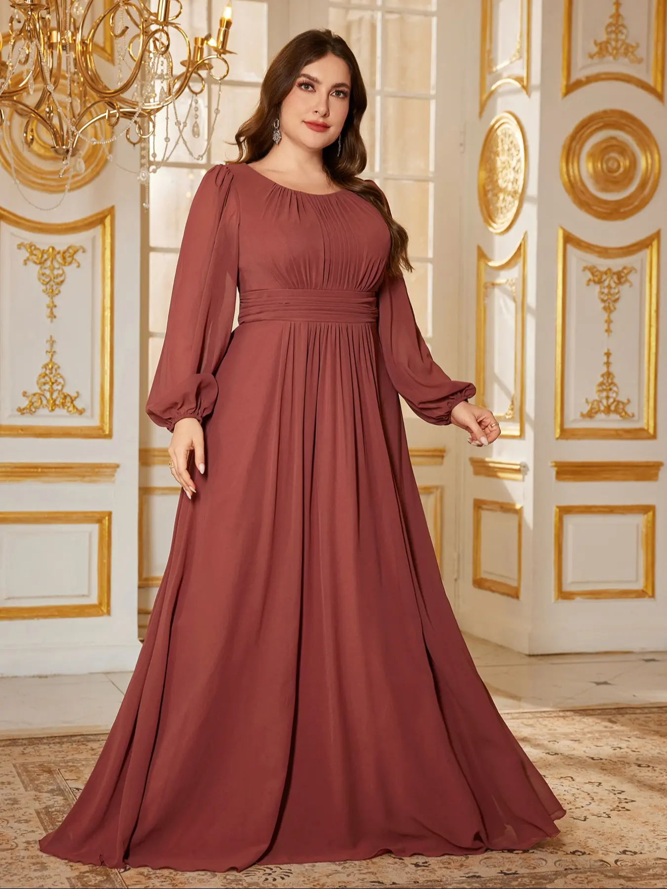 Elegant Round Neck Lantern Sleeve Maxi Dress, Ruched Waist Plus Size Party Gown, Pure Color Chiffon Swing Hem Bridesmaid Dress