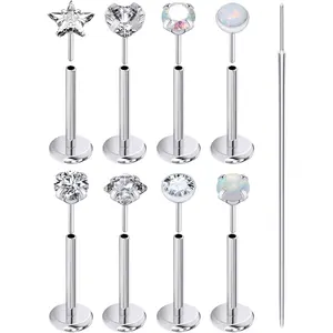 Threadless Nose Rings Stud 20G 18G 16G Flat Back Nose Stud Surgical Steel Push In Nose Rings Opal Heart CZ Hypoallergenic Nose Piercing Lip Medusa Tragus Studs Earrings Piercing Taper