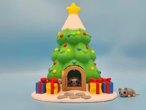 3D Printed Christmas Tree House with Two Mice Figurines