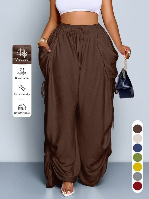 Women's Casual Wide Leg Pants High Elastic Waist Drawstring Ruched Baggy Trousers