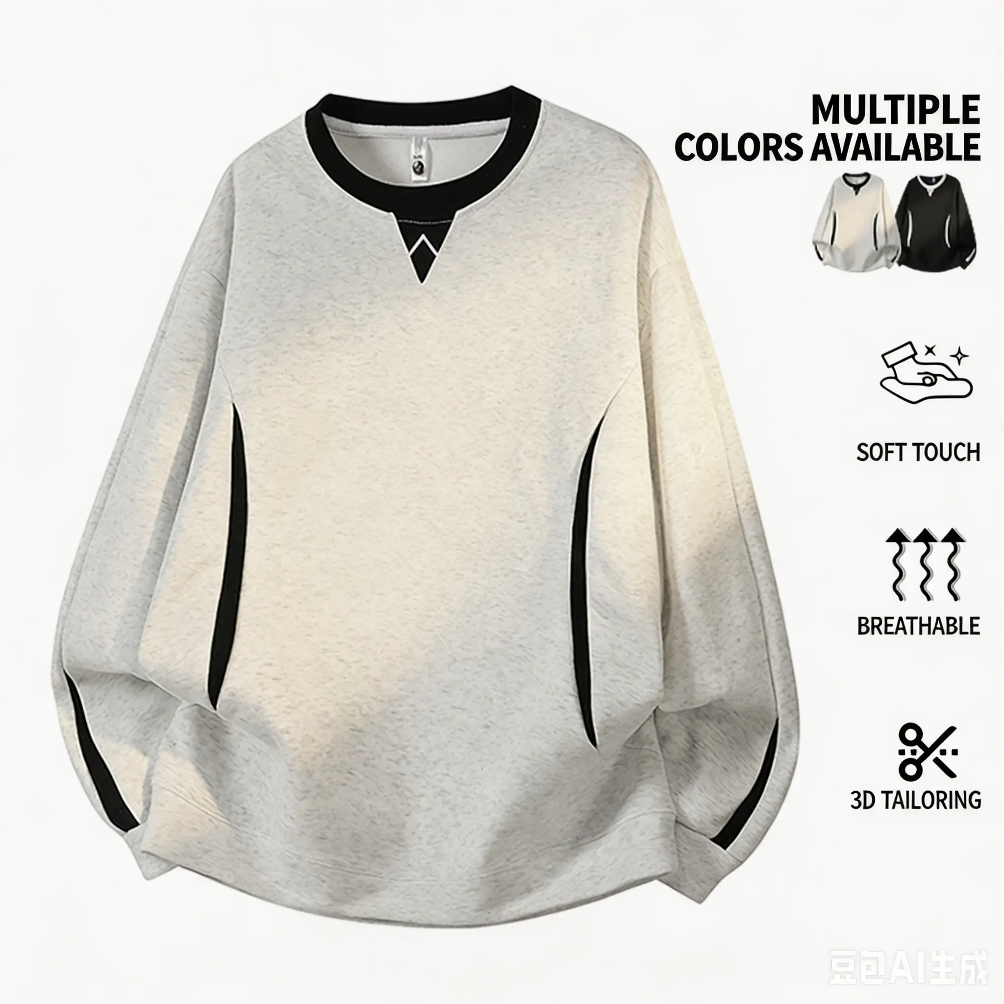 Men’s crewneck sweatshirt featuring 3D cutting and contrasting lines; soft, skin-friendly, breathable, loose fit—casual pullover for spring/autumn