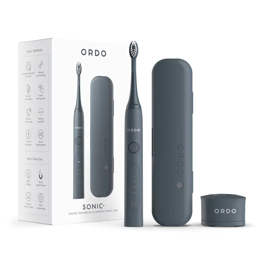 Ordo Sonic+ Electric Toothbrush Set, Silicone Head for Clean Teeth, 4 Modes & Long-Lasting Battery with Charging Case, Charcoal Gray