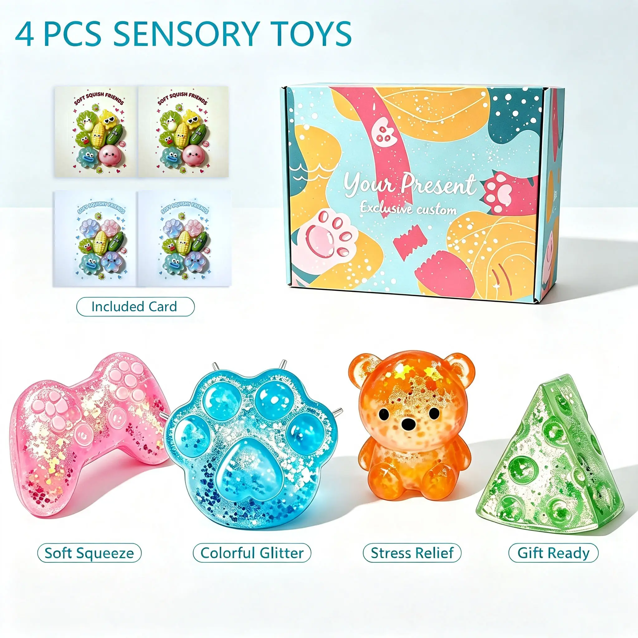 TSUAD 4 Pack Glitter Sensory Squeeze Fidget Toy Set, Soft Slow Rising Squishy Toys Game Controller, Cat Paw, Bear & Cheese Shapes,  Birthday Gifts, Party Favors, Classroom Prizes for Boys Girls, Gift‑Ready Box with Greeting Cards