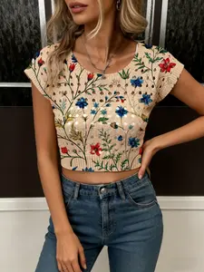 Women's Vintage Floral Knit Sweater, Round Neck Short Sleeve, Elegant Casual Top, Breathable Mesh Design, All-Season Fashion